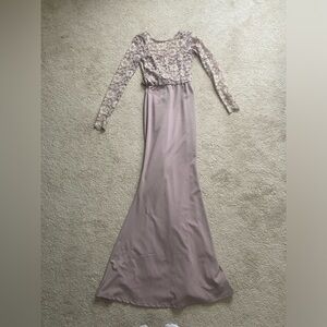Selling beautiful mauve gown with lace top and cascading bow with ruffle